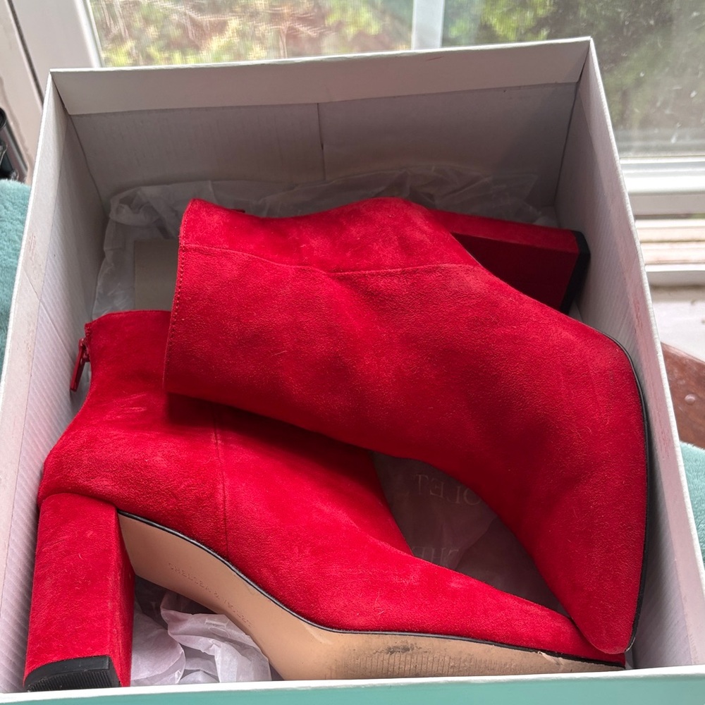 Chelsea & Violet Red Suede Ankle Booties with Block Heel